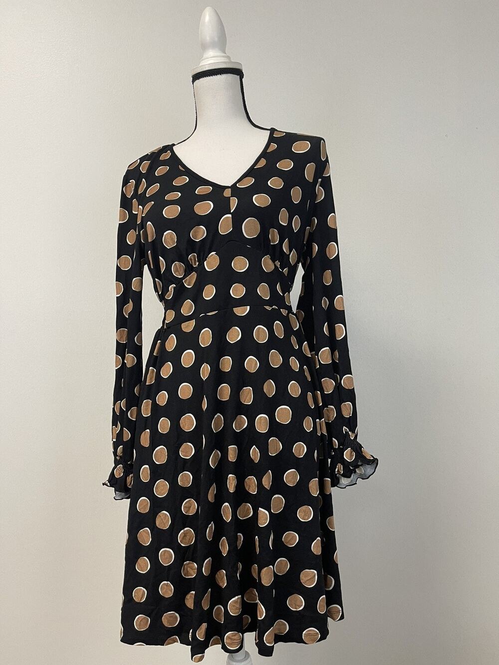 Spring Fit Flare Dress Womens Medium Polka Dot A Line Black Swing N259